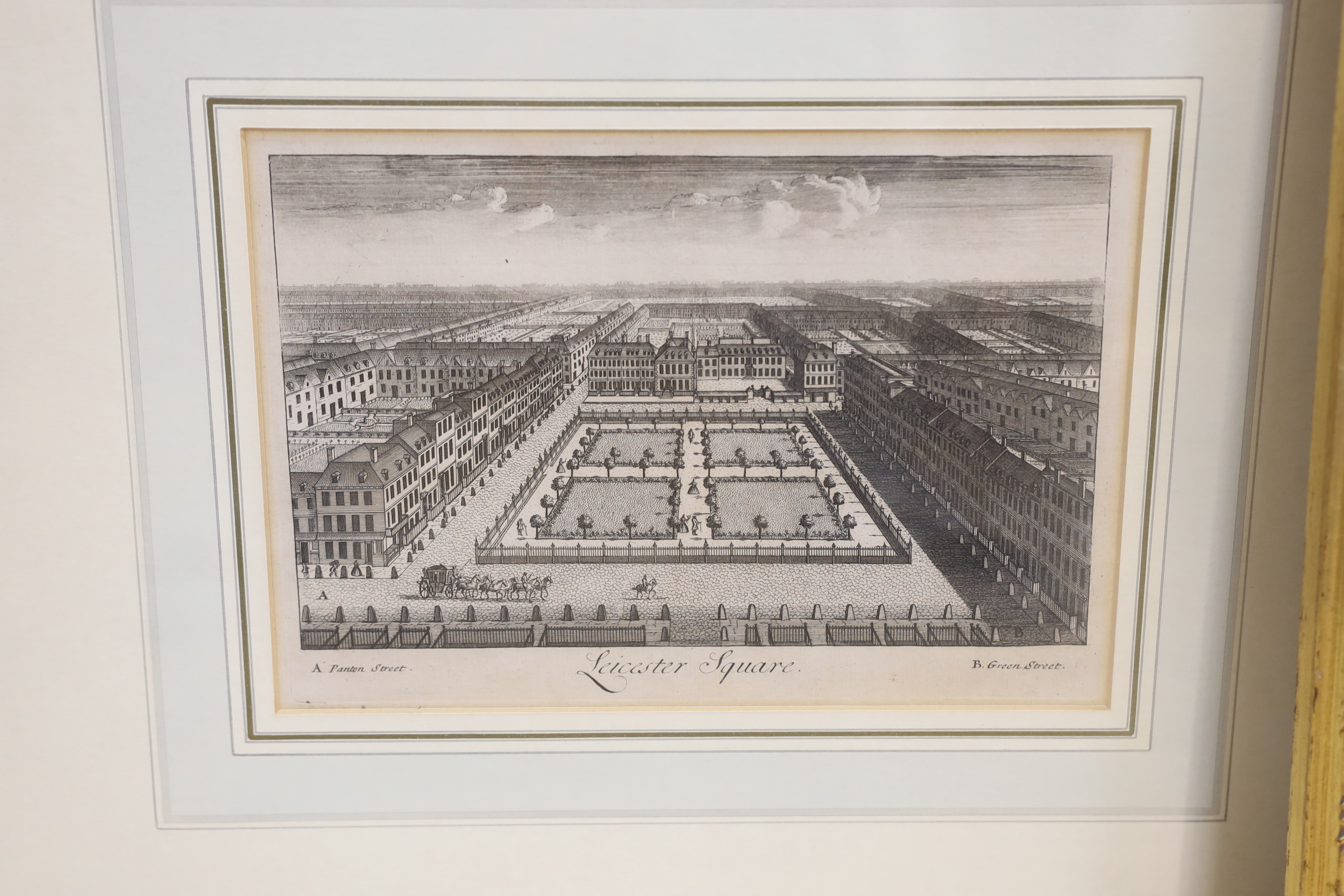 18th century, pair of etchings, ‘ Leicester Square’ & ‘The Admiralty Office at White Hall’, each 18 x 29cm